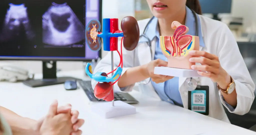 Closeup of female doctor explaining urinary system problems using 3D human model and ultrasound