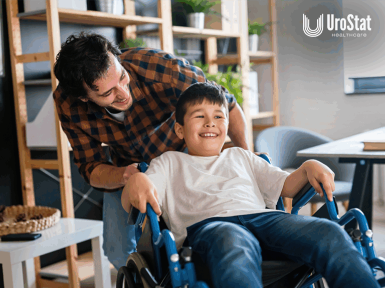 Child in wheelchair smiling with parent smiling above them as well