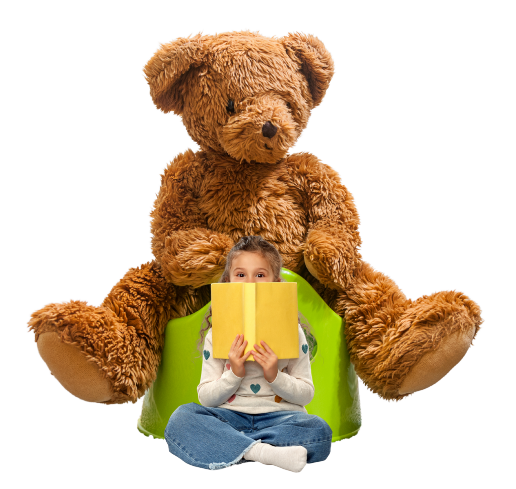 Bear with little girl reading a book with incontinence