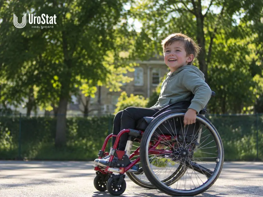 Smiling child in a wheelchair outdoors on a sunny day