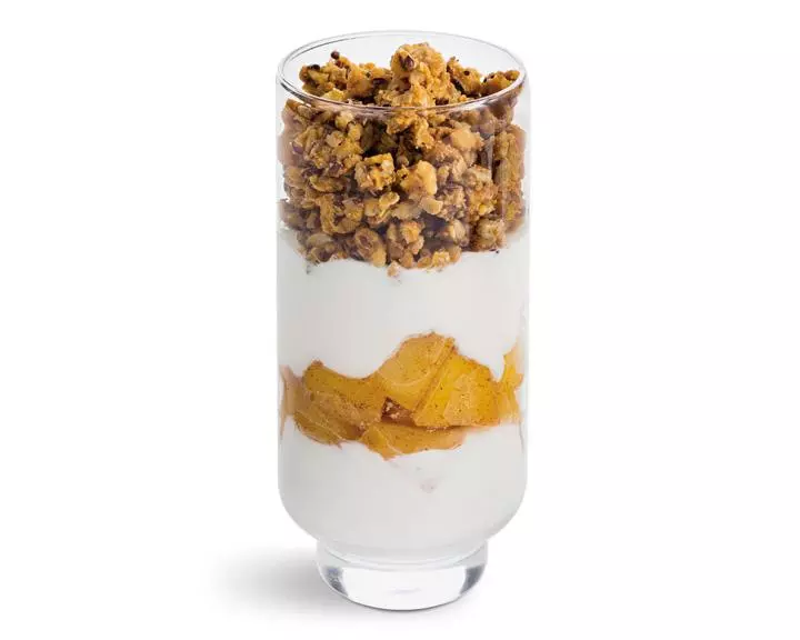 Apple Pie Yogurt Parfait recipe inside a glass tumbler