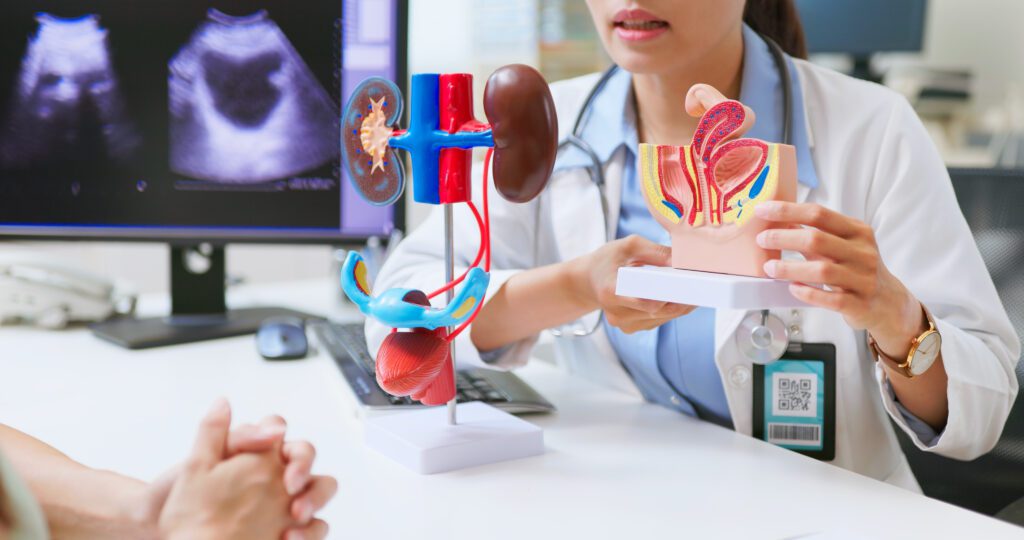 Closeup of female doctor explaining urinary system problems using 3D human model and ultrasound