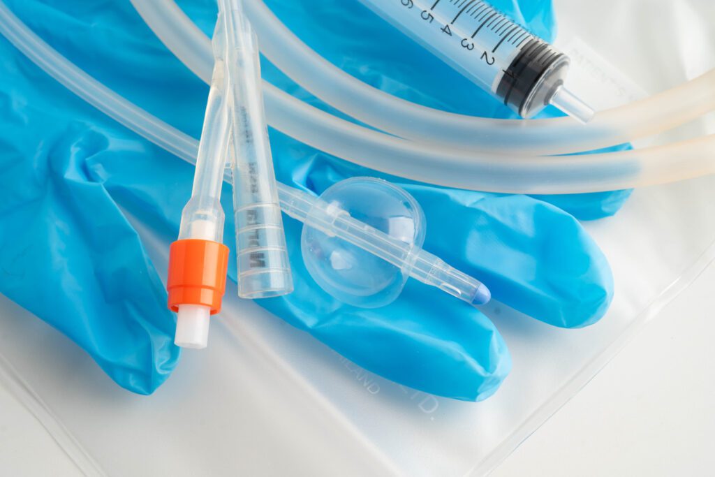 Catheter supplies with gloves, Foley catheter and urine drainage bag