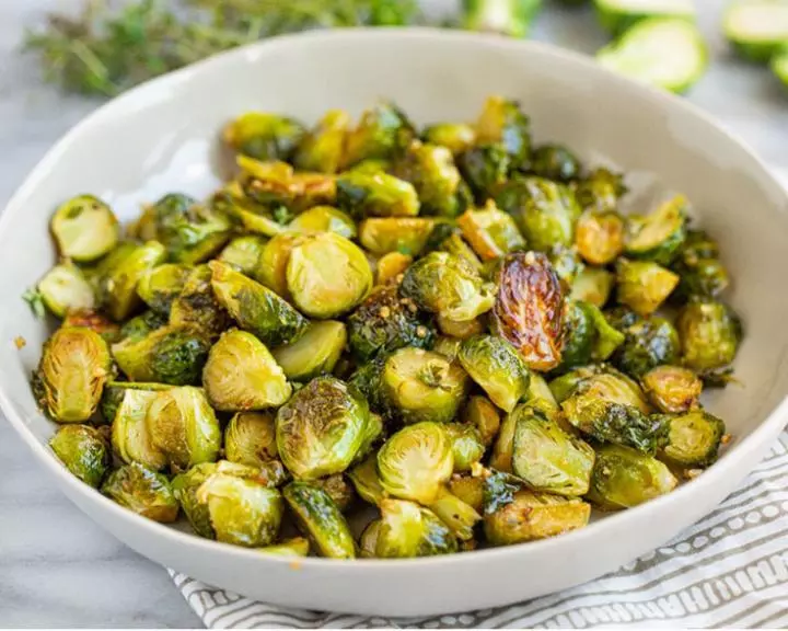 Bowl of maple-thyme roasted brussels sprouts
