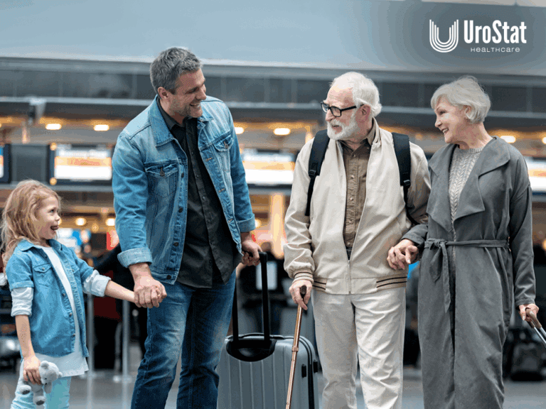 Elderly couple with man and daughter traveling