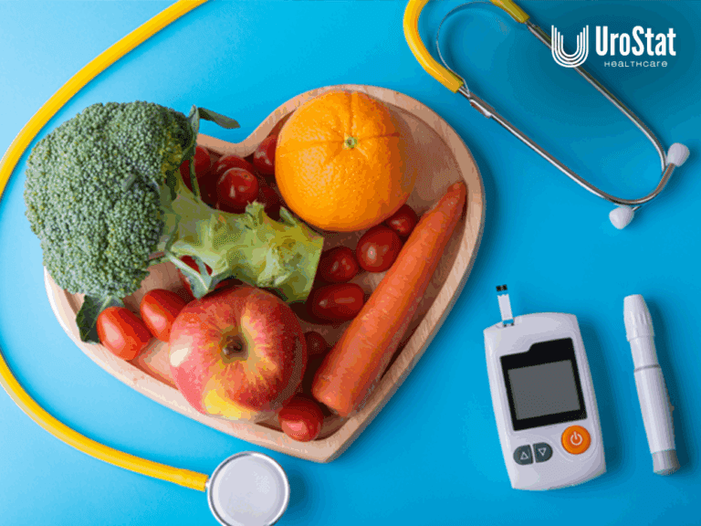 Heart-shaped bowl with vegetables, stethoscope, and glucose meter