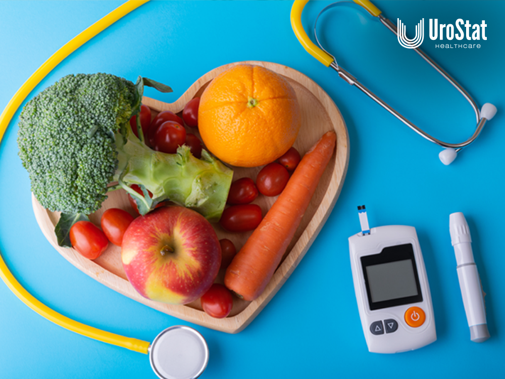 Heart-shaped bowl with vegetables, stethoscope, and glucose meter