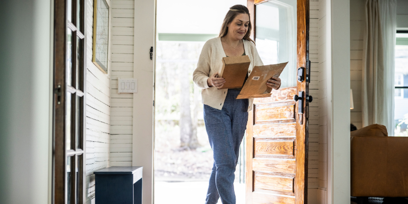 Woman smiling while holding packages she picked up from front door