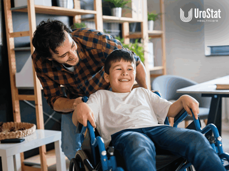 Child in wheelchair smiling with parent smiling above them as well