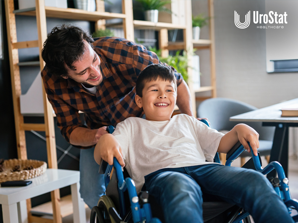Child in wheelchair smiling with parent smiling above them as well